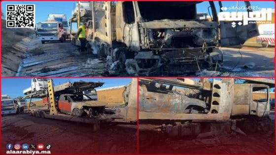 سيارات جديدة تحترق فوق شاحنة القطر