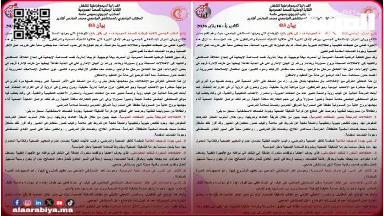 بيان ناري لنقابة الصحة بأكادير: اختلالات تدبيرية وتصعيد احتجاجي يلوح في الأفق بالمستشفى الجامعي محمد السادس